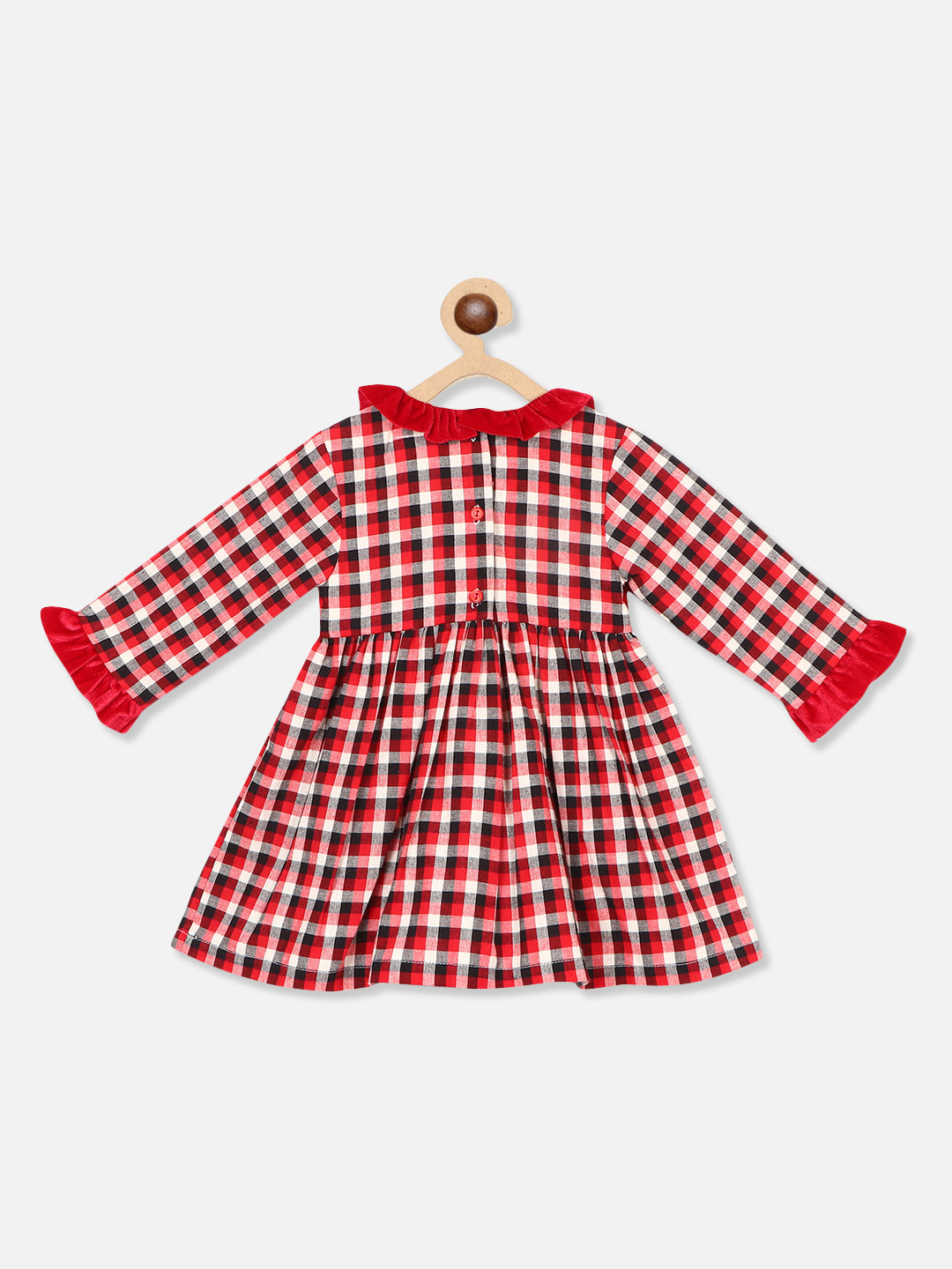 Nautinati Girls Checked Ruffled Pure Cotton A-Line Dress