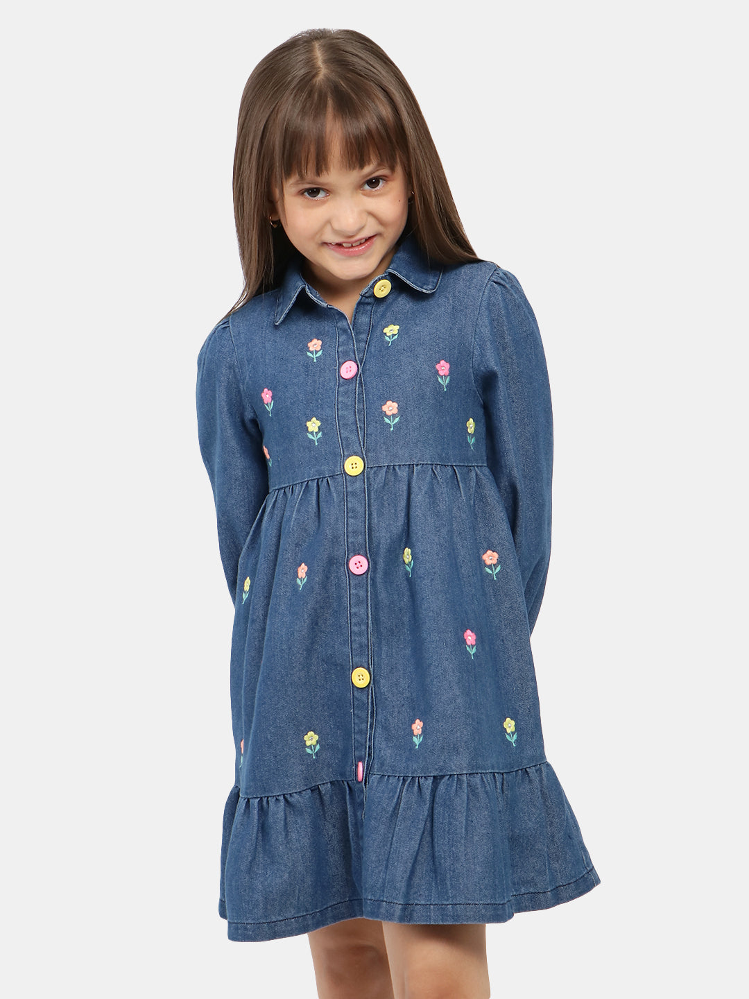 Nautinati Girls Floral Embroidered Gathered Pure Cotton Shirt Dress