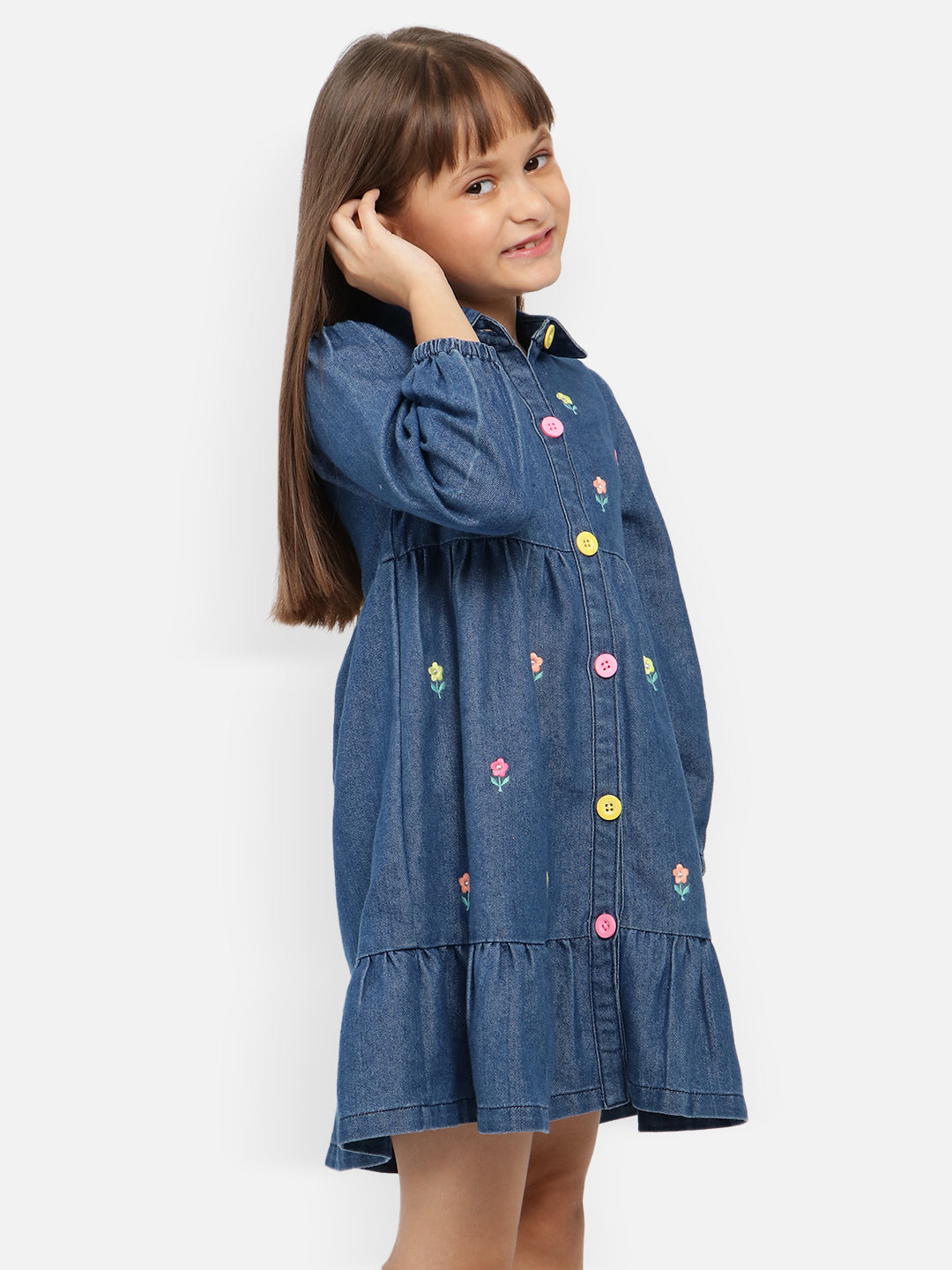 Nautinati Girls Floral Embroidered Gathered Pure Cotton Shirt Dress