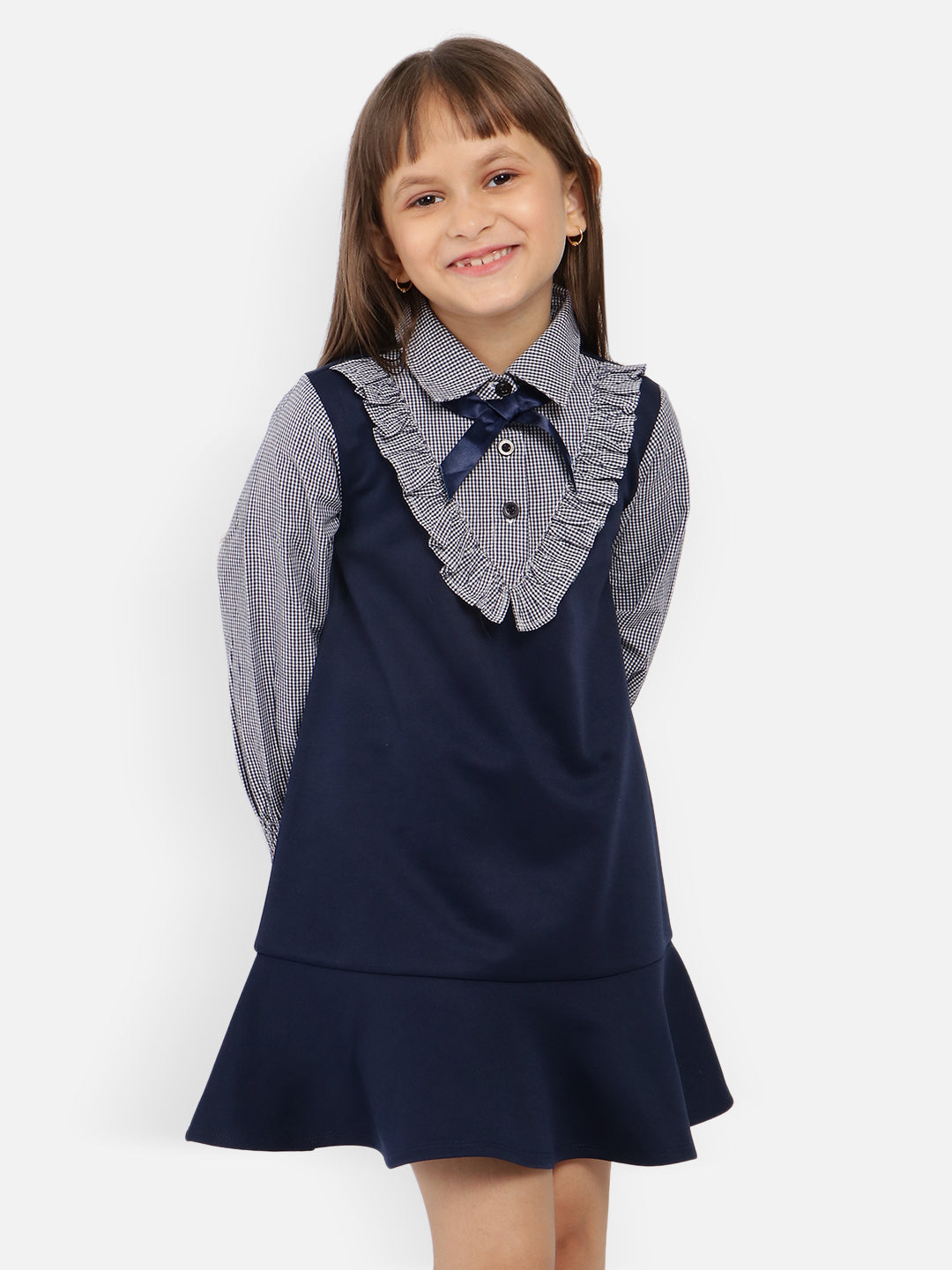 Nautinati Girls Checked Shirt Collar Ruffled Drop-Waist Dress