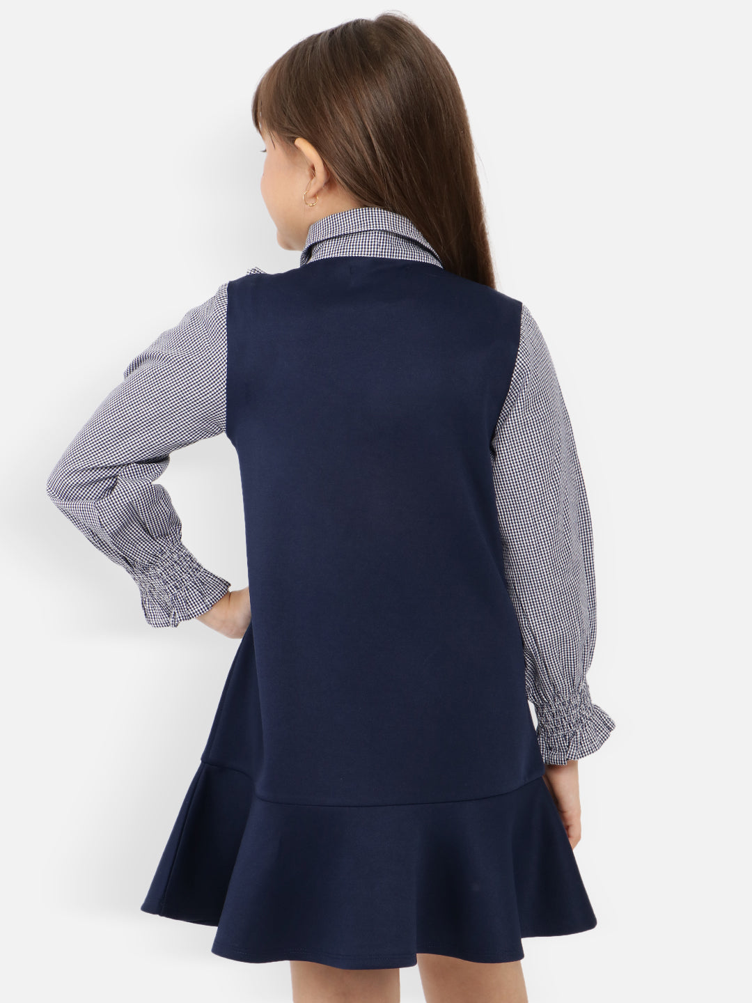 Nautinati Girls Checked Shirt Collar Ruffled Drop-Waist Dress