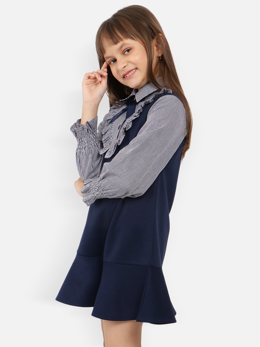 Nautinati Girls Checked Shirt Collar Ruffled Drop-Waist Dress