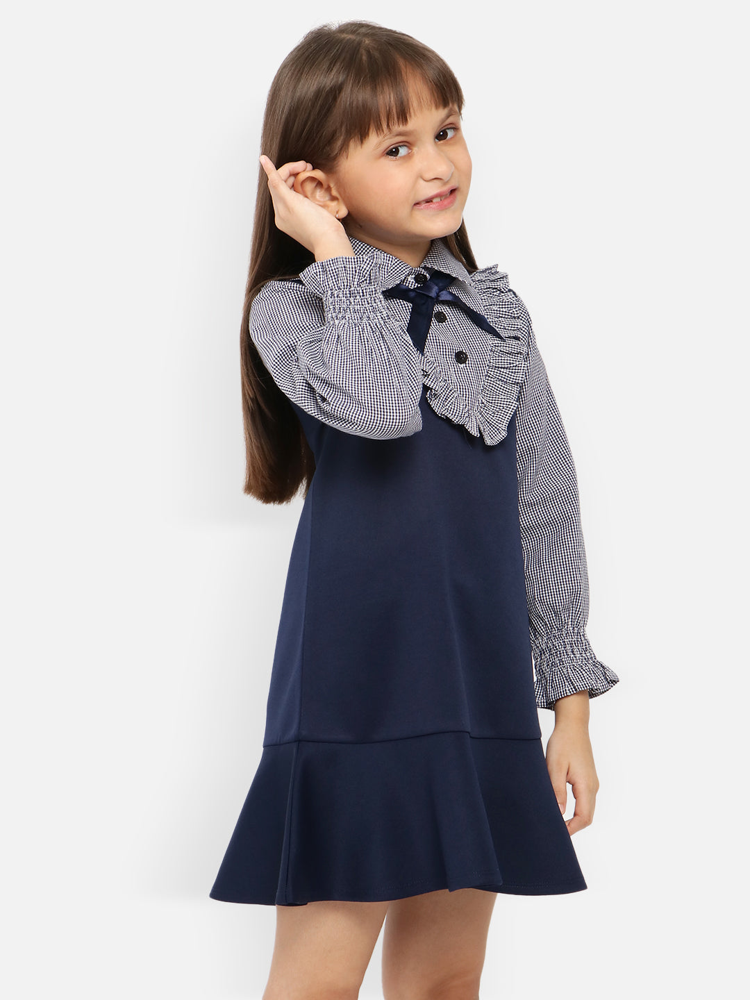 Nautinati Girls Checked Shirt Collar Ruffled Drop-Waist Dress