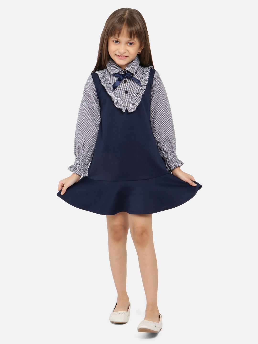 Nautinati Girls Checked Shirt Collar Ruffled Drop-Waist Dress