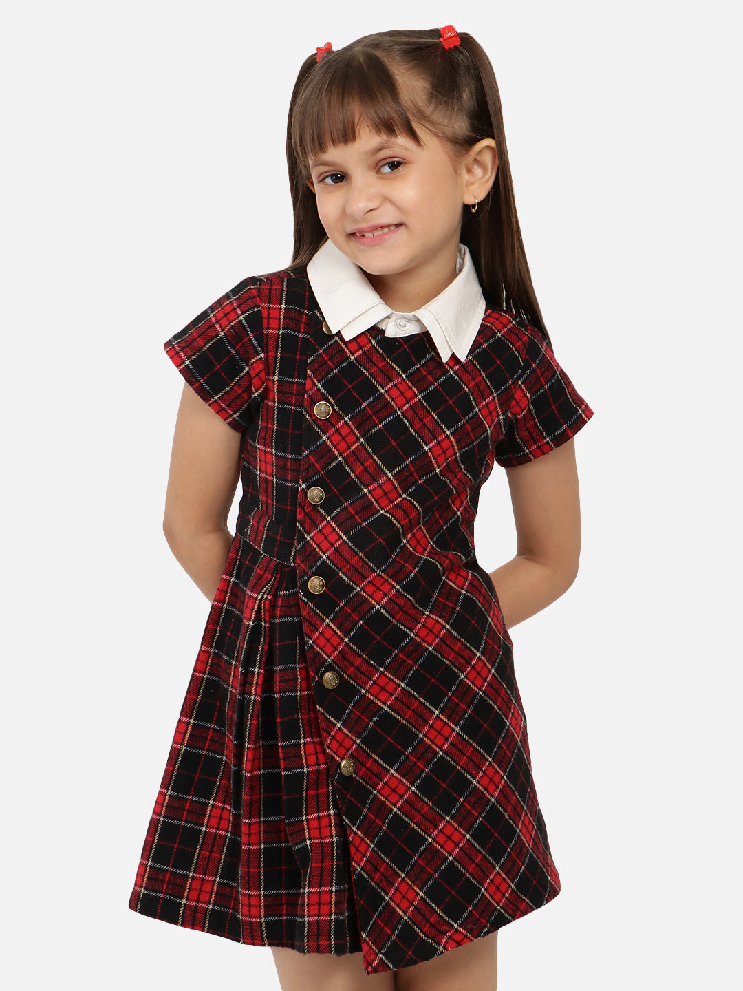 Nautinati Girls Checked Gathered Pure Cotton Shirt Dress