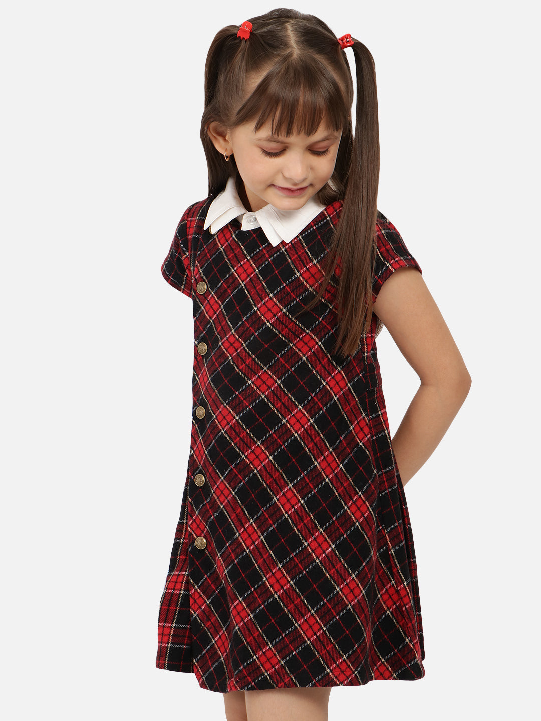 Nautinati Girls Checked Gathered Pure Cotton Shirt Dress