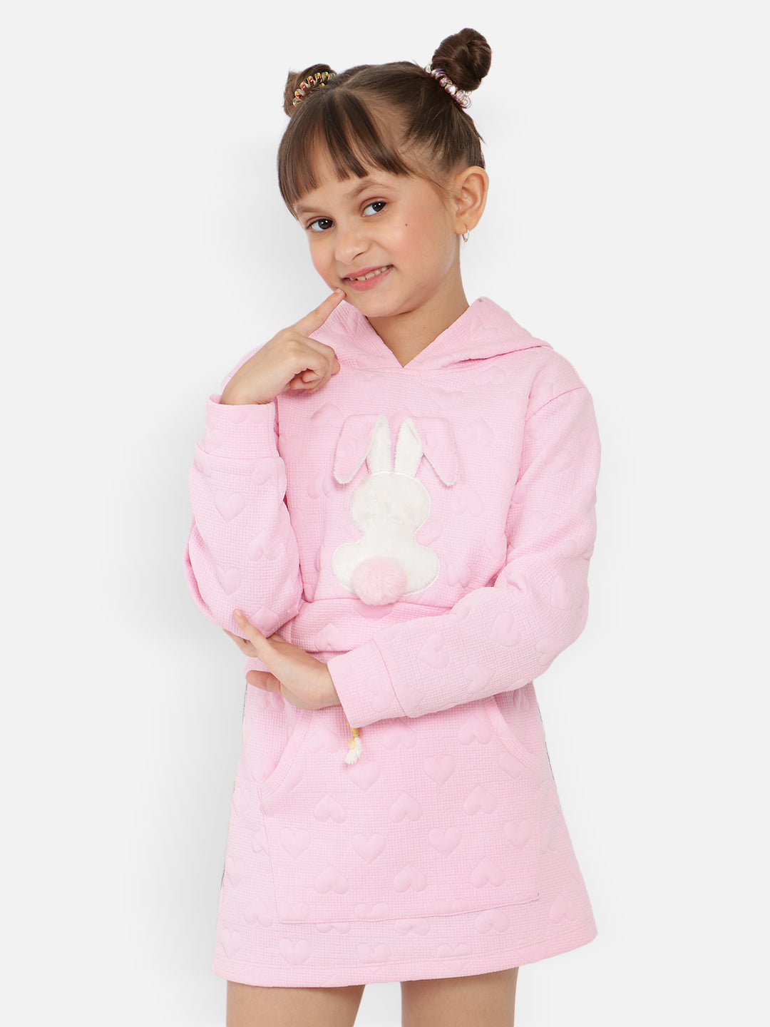 Nautinati Girls Self Design Hooded Bunny Rabbit Applique Top With Skirt