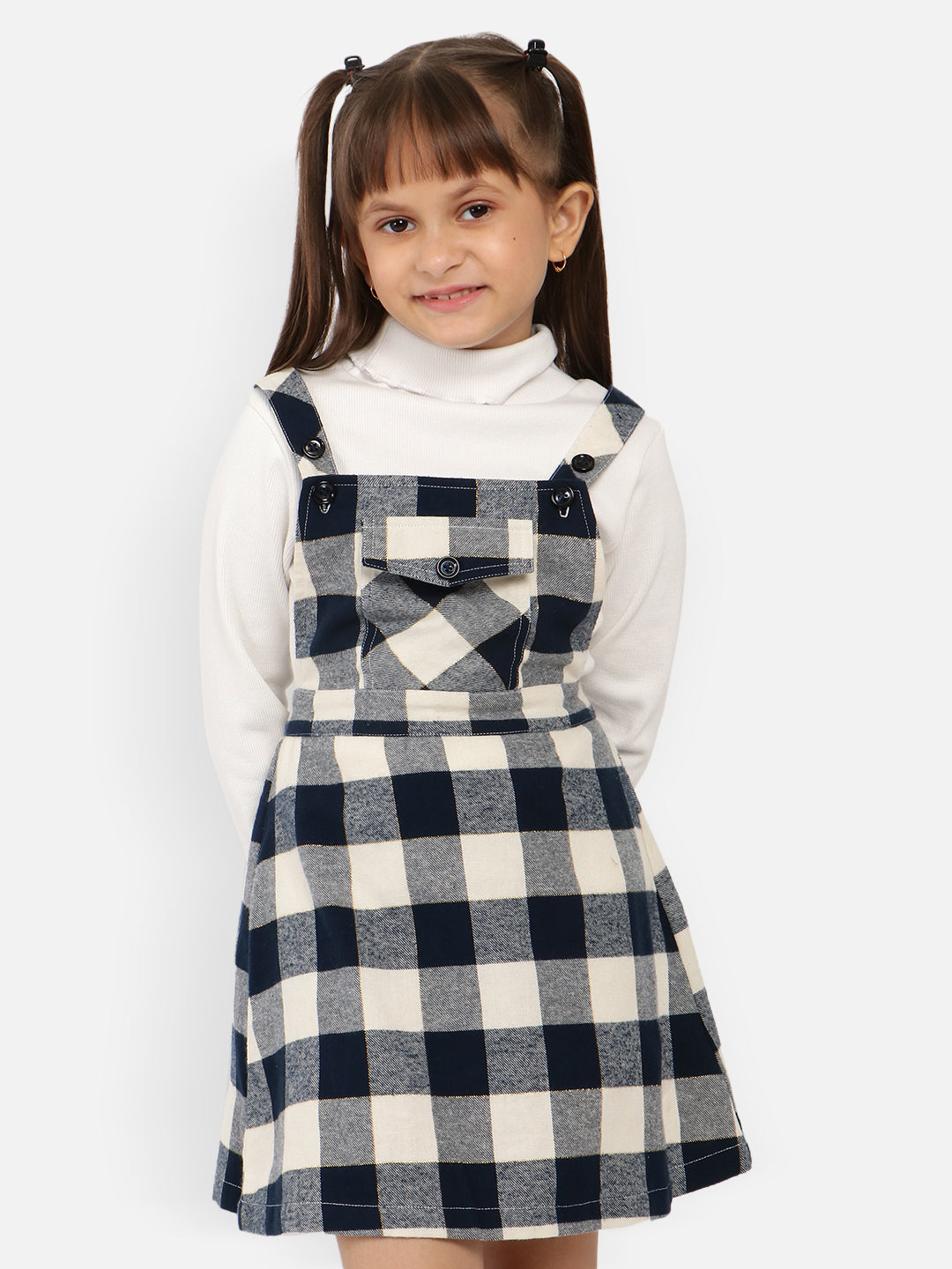 Nautinati Girls Checked Pure Cotton Pinafore Dress With High Neck Top