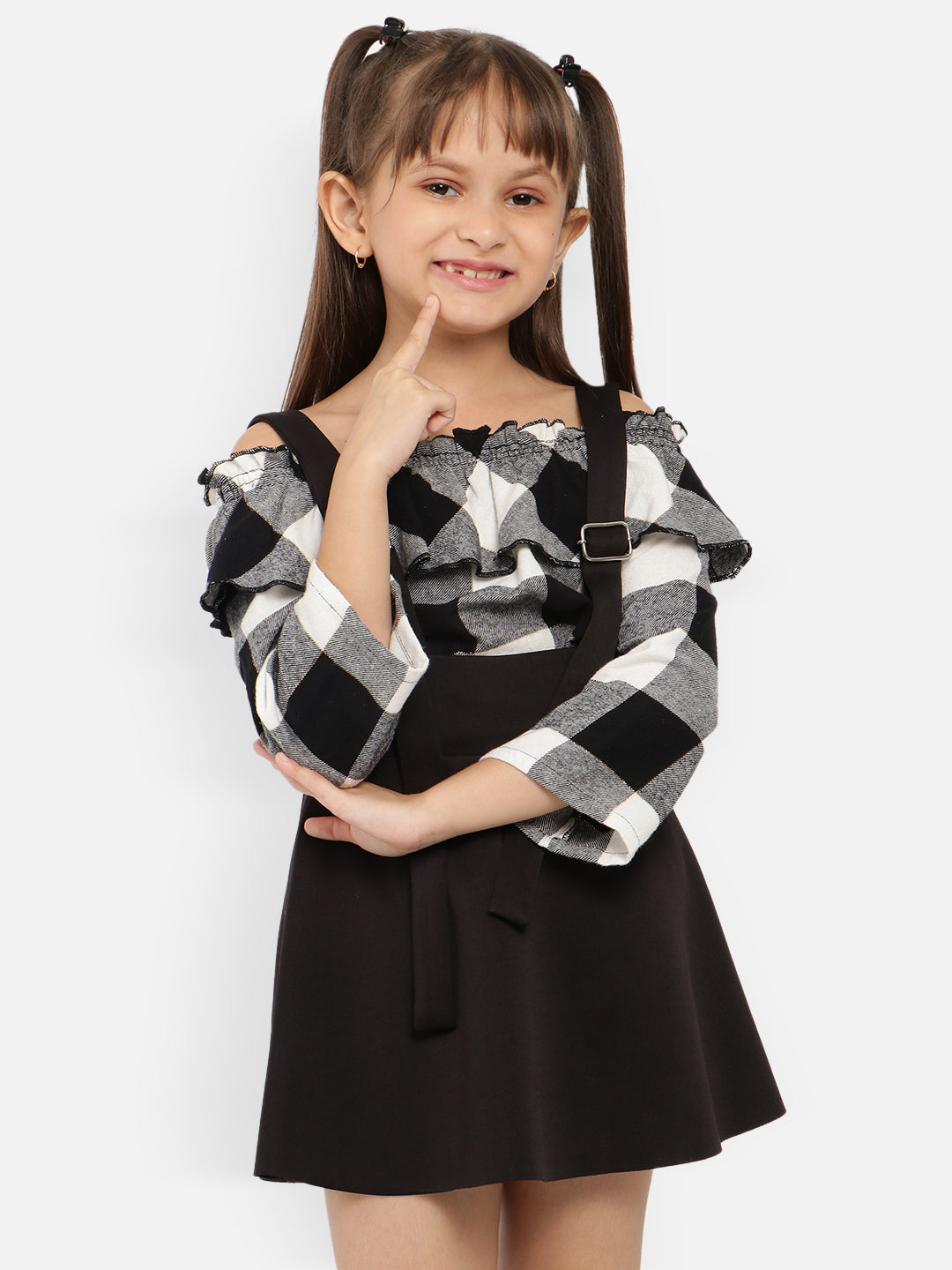 Nautinati Girls Checked Off-Shoulder Fit Flare Mini Dress