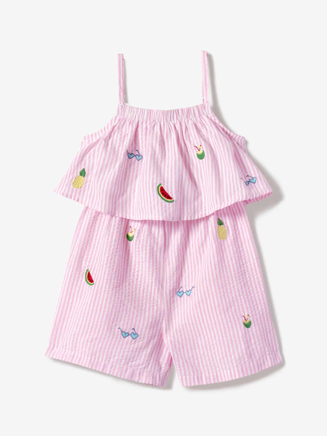 Girls Pink-White Striped Layered Embroidery details Shoulder Strap Elasticated Waist Casual Jumpsuit