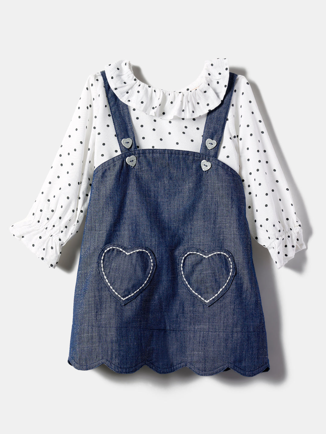 Nauti Nati Infant Girls Pure Cotton Pinafore Dress With Polka Dots Printed Ruffled Top