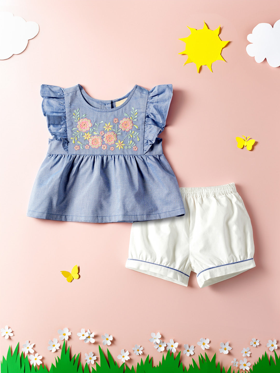 Girls Blue-White Embroidered Ruffled Sleeveless Pure Cotton Top With Shorts