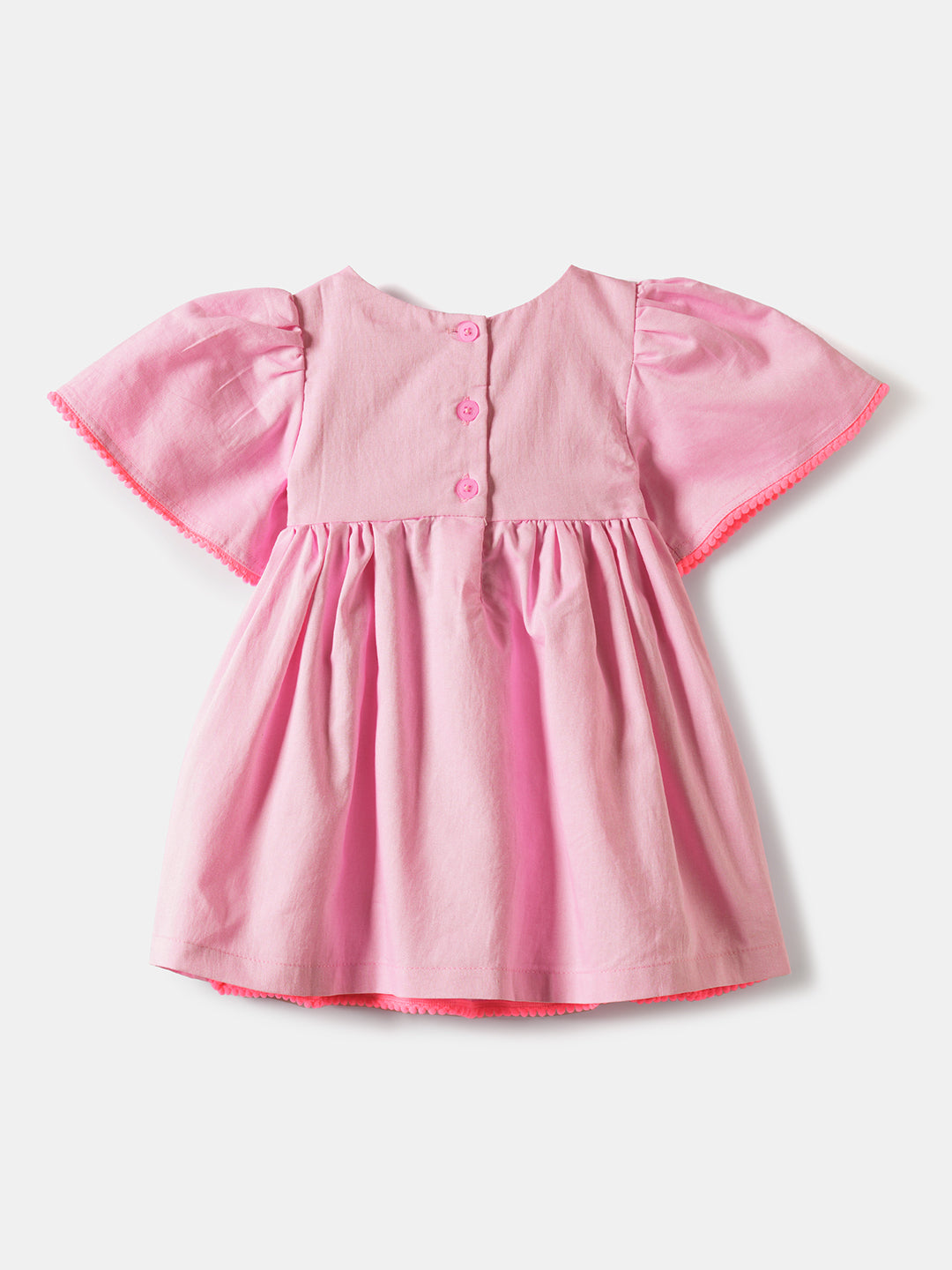 Girls Pink Embroidered Short Bell Sleeves Tassel Detailing A-Line Dress