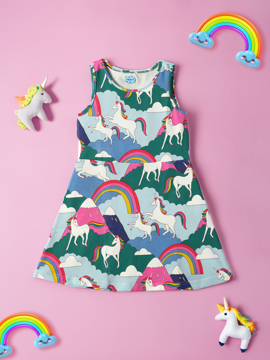 Girls Multicolor Unicorn Printed Sleeveless Round Neck A-Line Dress