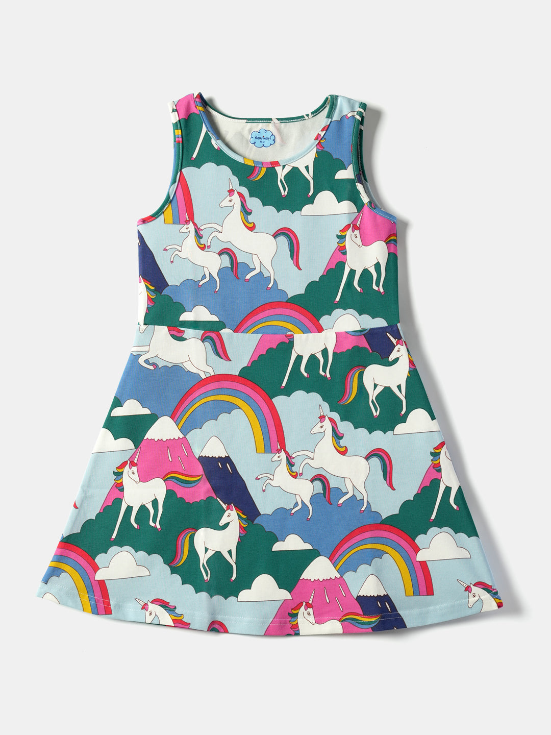 Girls Multicolor Unicorn Printed Sleeveless Round Neck A-Line Dress