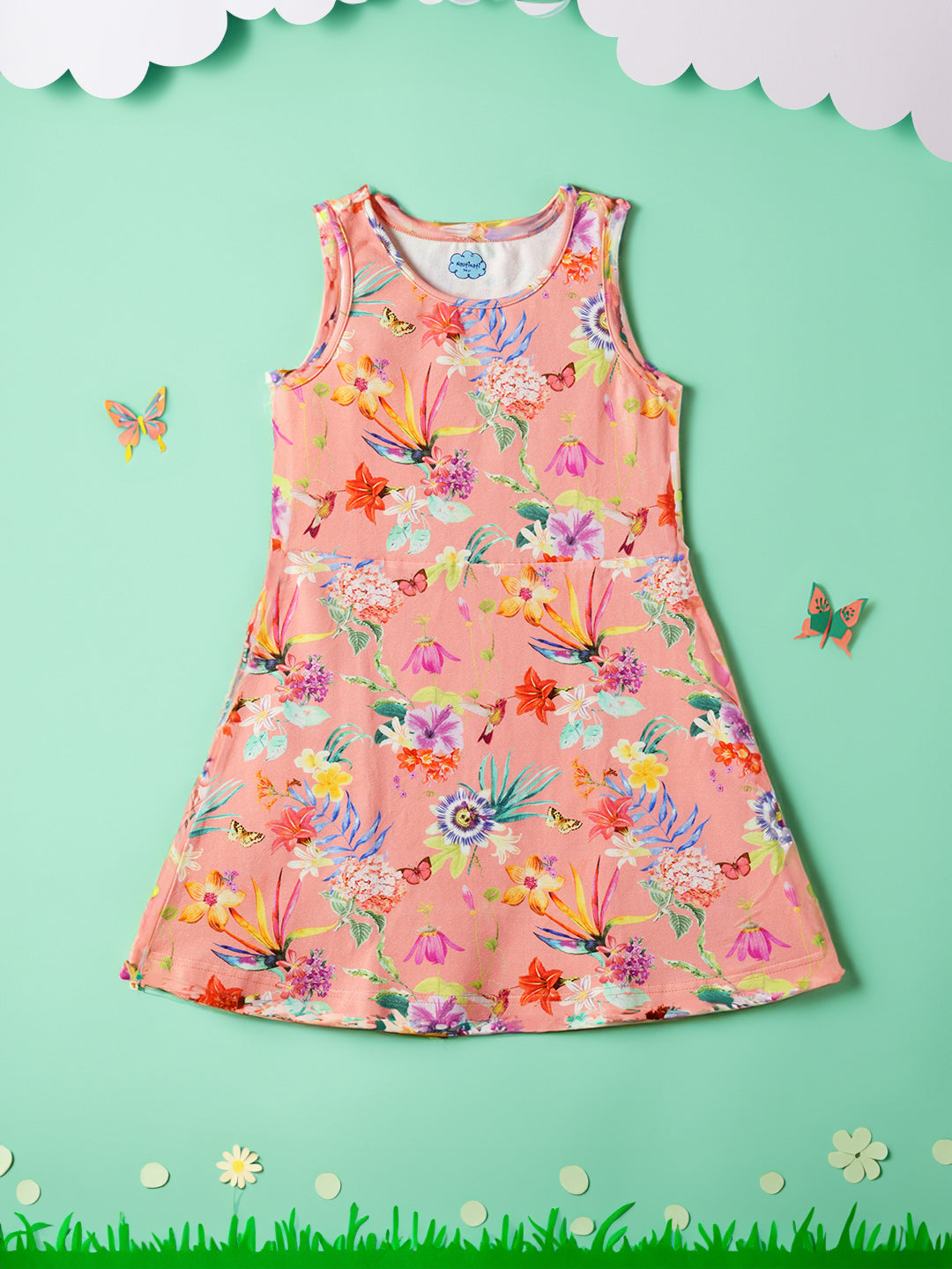 Girls Peach Floral Printed Sleeveless Round Neck A-Line Dress