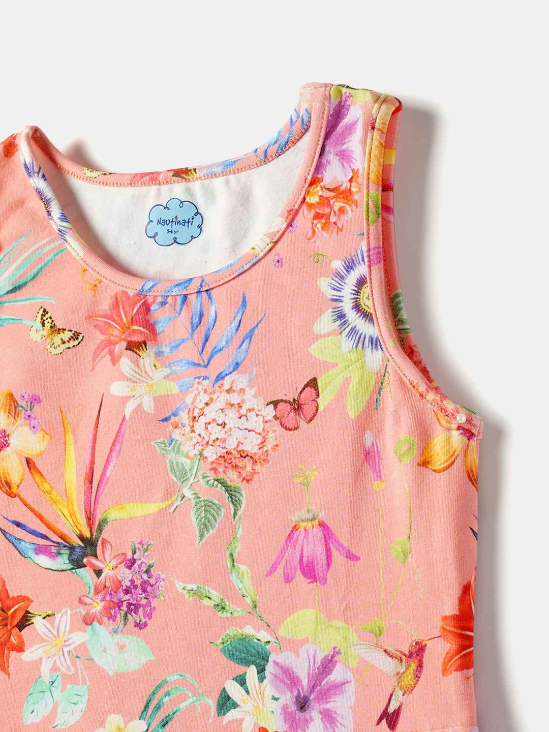 Girls Peach Floral Printed Sleeveless Round Neck A-Line Dress