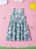 Girls Blue Floral Printed Sleeveless Round Neck A-Line Dress