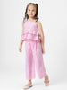 Girls Pink-White Floral Printed Shoulder Strap Crochet Flowers Applique Layered Top With Ankle Length Trouser
