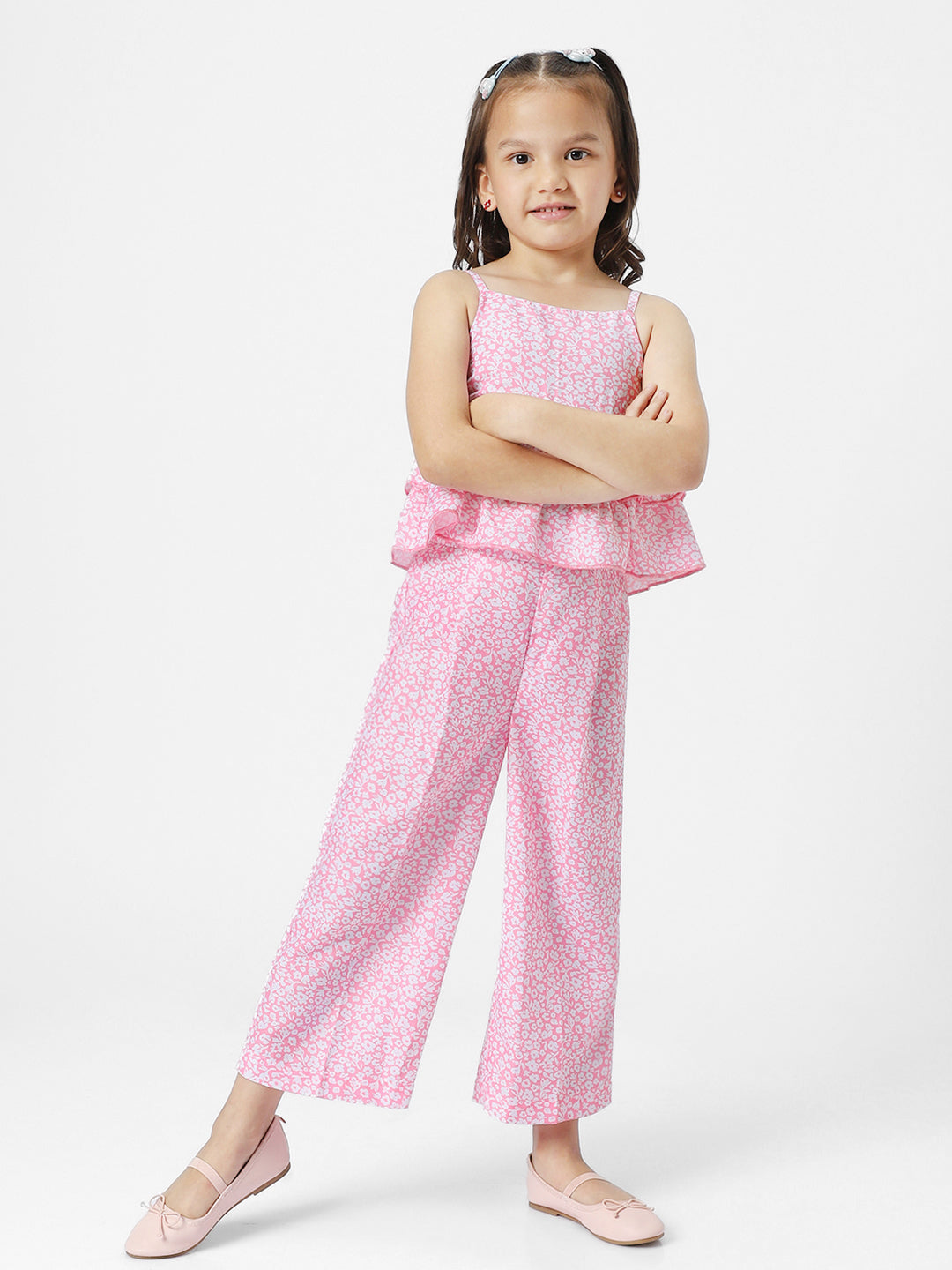 Girls Pink-White Floral Printed Shoulder Strap Crochet Flowers Applique Layered Top With Ankle Length Trouser