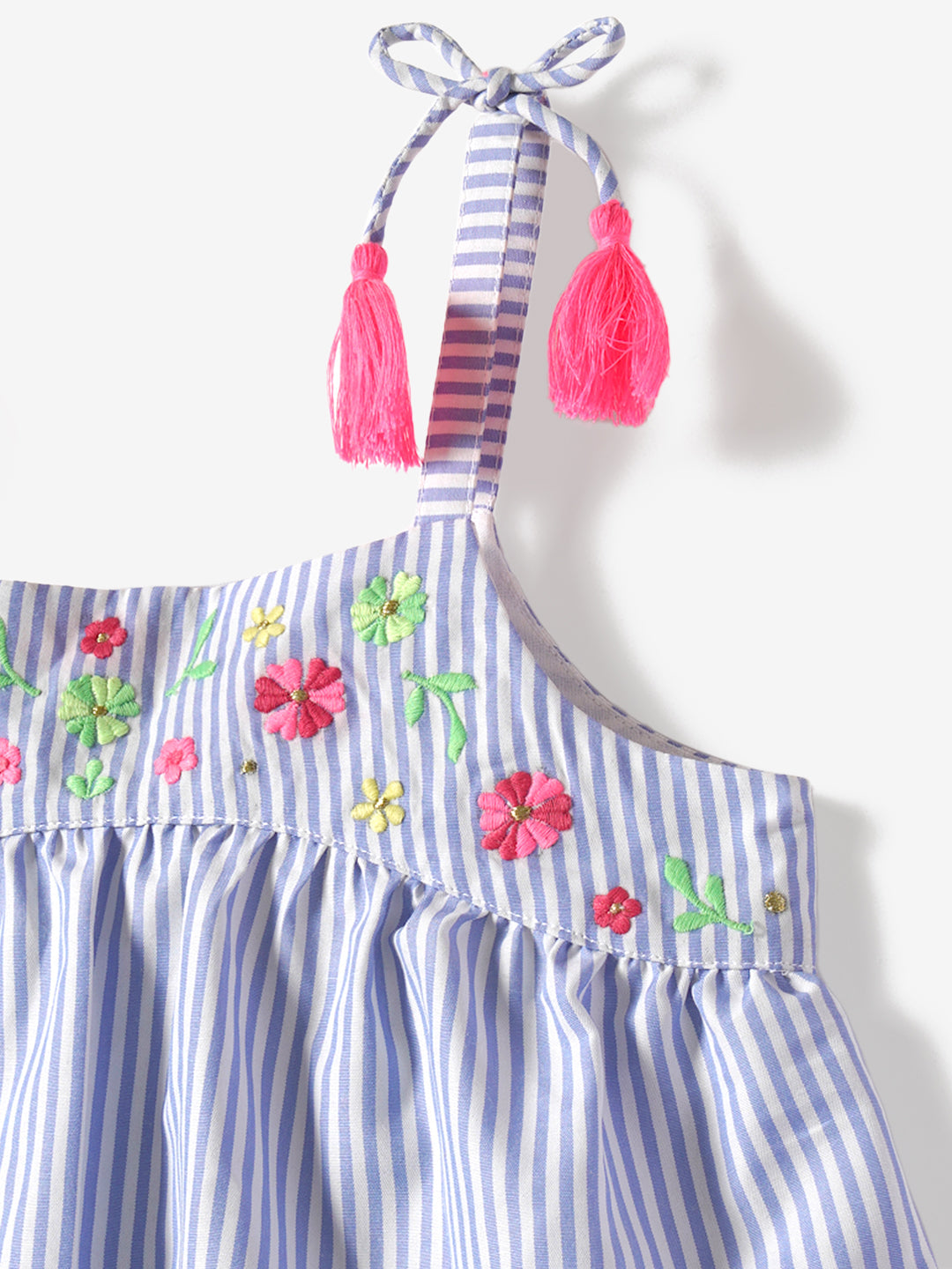 Nauti Nati Striped Shoulder Straps Layered Embroidery Cotton A-Line Dress