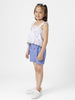 Girls White-Blue Schiffli Embroidered Square Neck A-Line Pure Cotton Top With Frilled Shorts