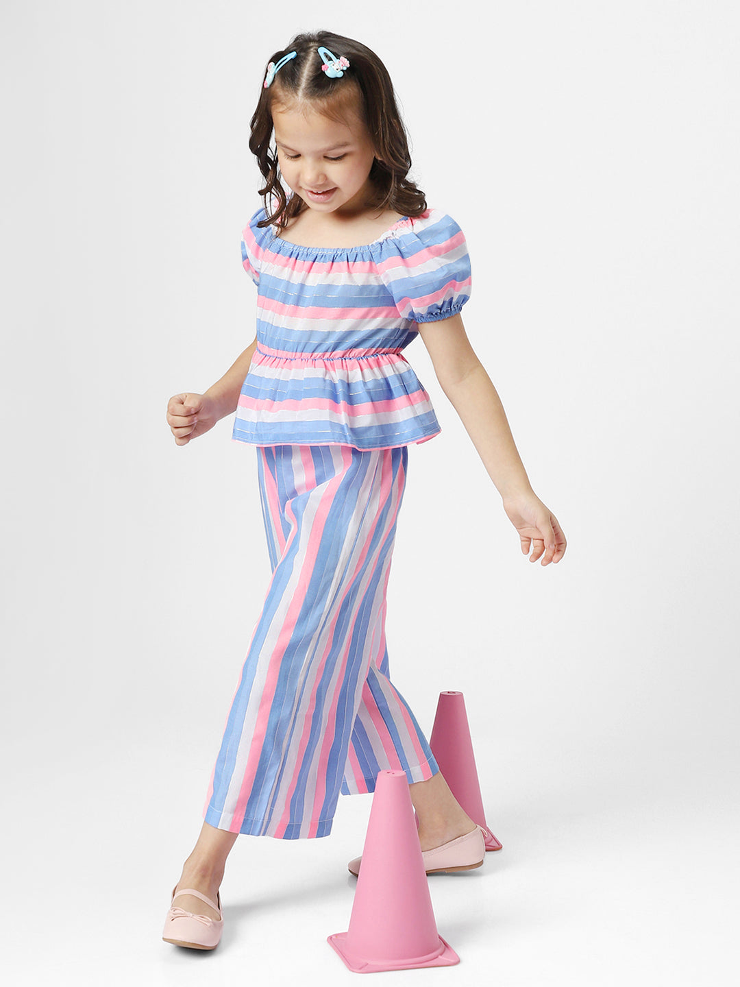 Girls Multicolor Striped Square Neck Puff Sleeves Peplum Top With Ankle Length Trouser