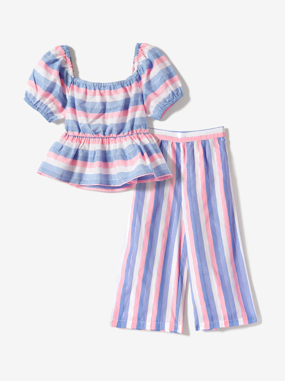 Girls Multicolor Striped Square Neck Puff Sleeves Peplum Top With Ankle Length Trouser