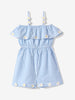 Girls Blue-White Checkered Layered Shoulder Strap Elasticated Waist Casual Jumpsuit with Crochet Flower Detail