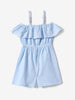 Girls Blue-White Checkered Layered Shoulder Strap Elasticated Waist Casual Jumpsuit with Crochet Flower Detail