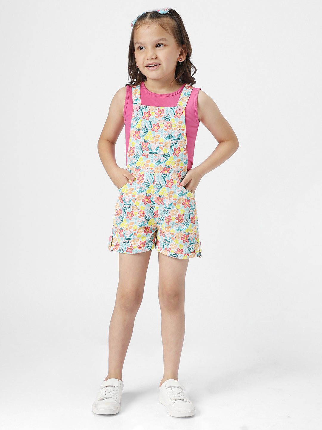 Girls Floral Printed Dungaree With Top