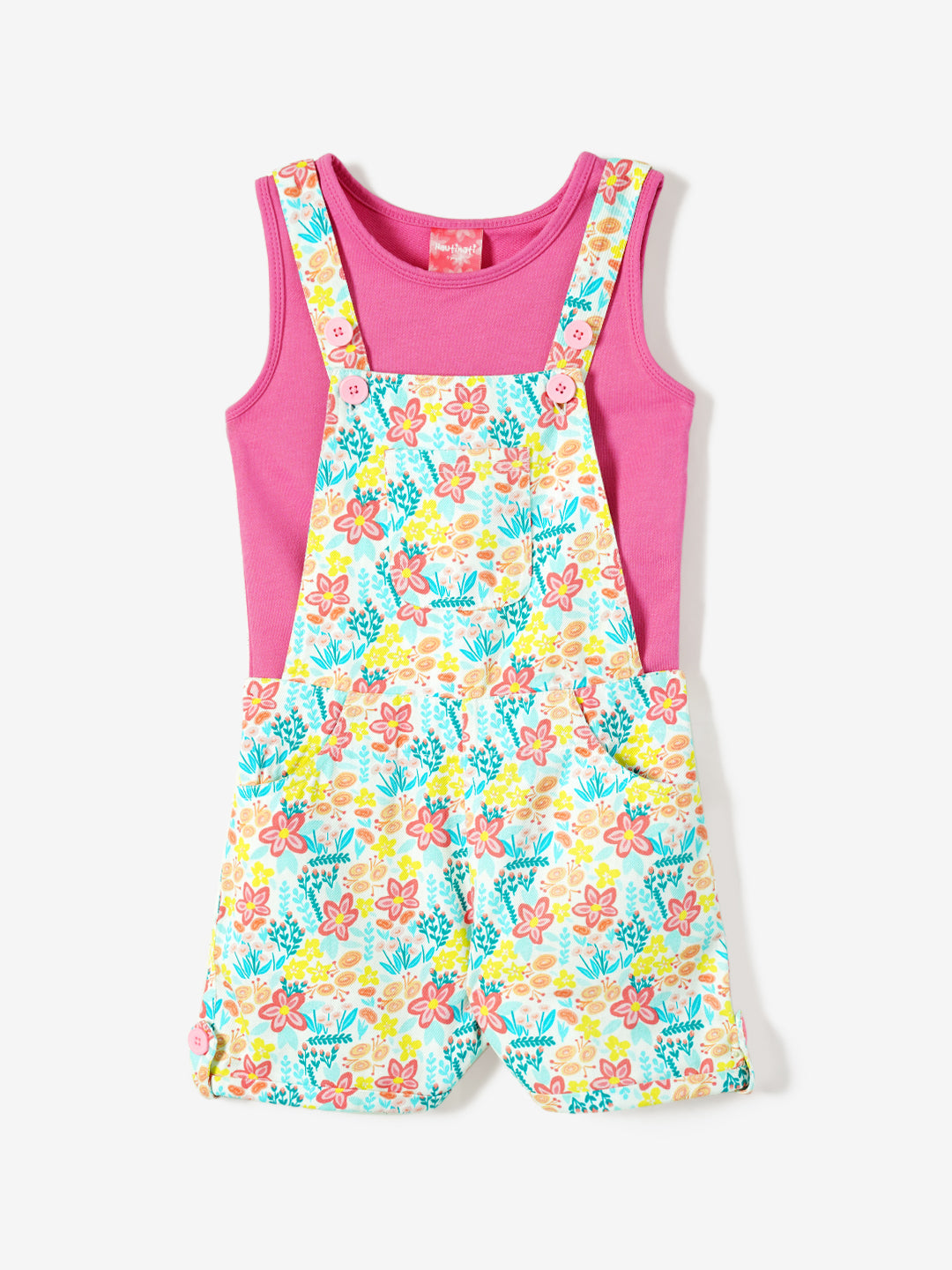 Girls Floral Printed Dungaree With Top