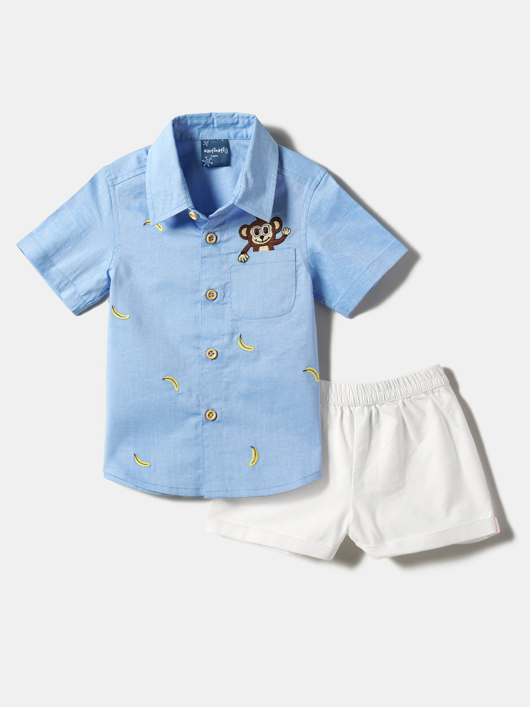 Boys Blue-White Embroidered Half Sleeves Collar-Neck Casual Shirt With Shorts