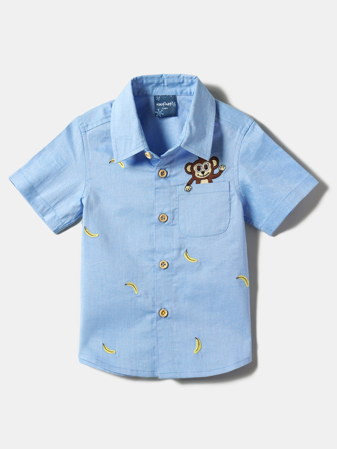 Boys Blue-White Embroidered Half Sleeves Collar-Neck Casual Shirt With Shorts